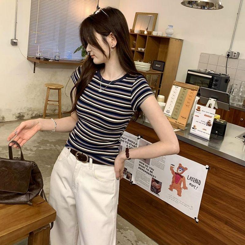 Contrasting Stripes Front Shoulder Short-sleeved T-shirt Women's Summer New Slim-fitting and Thin Small Round Neck Short Top