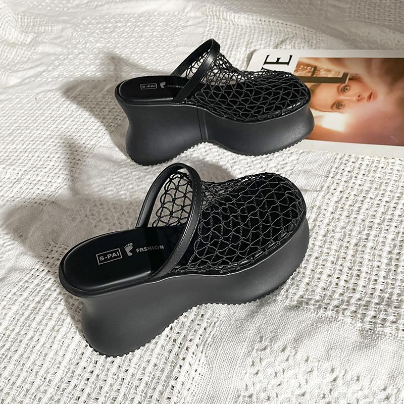 Fashion High-Heeled Shoes Lady Womens Slippers Outdoor On A Wedge Cover Toe Slides Platform Pantofle Fretwork Summer 2025 Female Shoes C