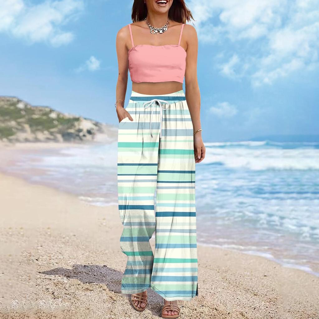Women's Wide Leg Pants With Elastic Waistband Printing Large Pockets Patchwork Edge, Loose Pants
