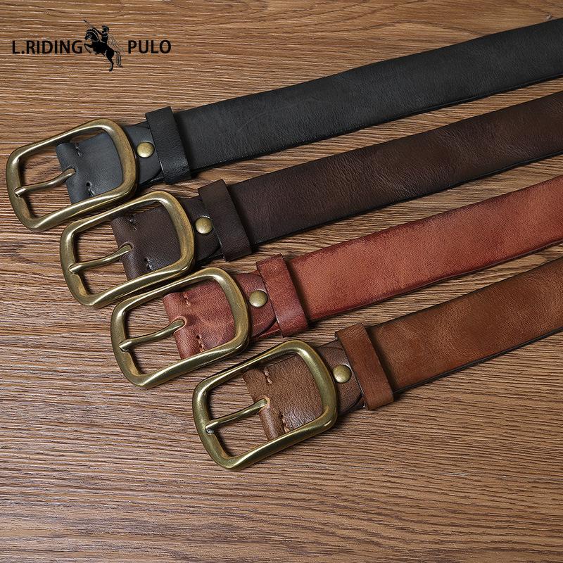 Cintura Pieghettata All-match Rilievo Colore Ruggine Fibbia in Rame Fatta a Mano Stile Retrò Uomo Pelle Tendenza Fibbia ad Ardiglione Vera Pelle Bovina Cintura per Pantaloni Giovani e di Mezza Età