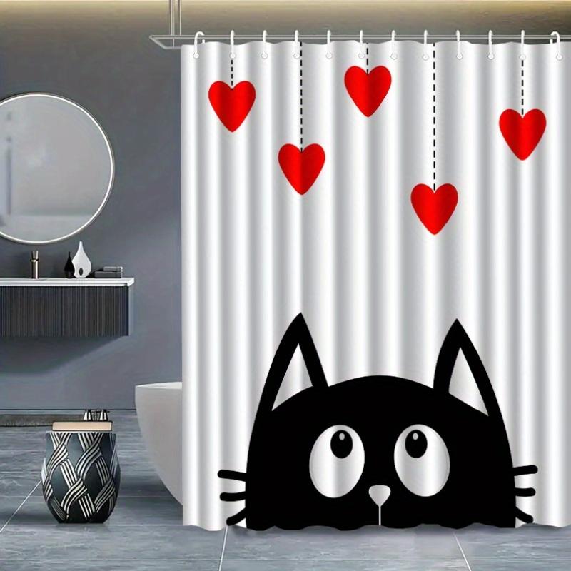 1pc Cat and heart patterned shower curtain, made of polyester, machine washable, with hooks, suitable for bathroom decoration.