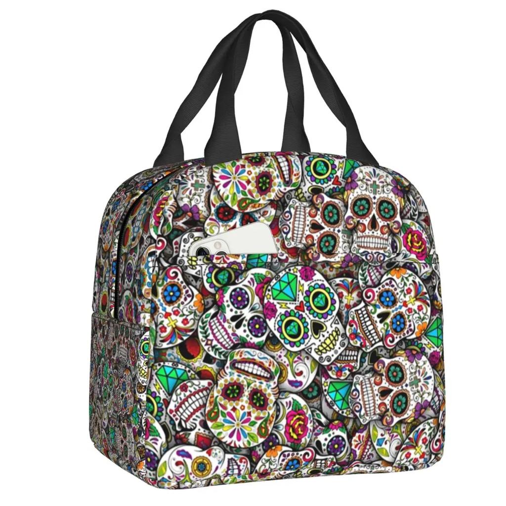 Mexican Sugar Skull Day Of The Dead Art Insulated Lunch Bags Women Resuable Thermal Cooler Food Lunch Box Outdoor Camping Travel