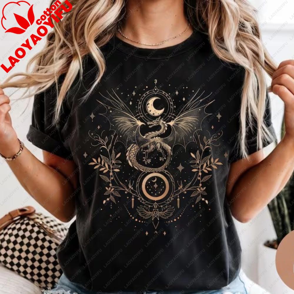 Celestial Dragon Moon Phase TShirt Witchy Boho Floral Tee Gothic Style Unisex Fashion Casual Tshirt Retro Design Printed Tops