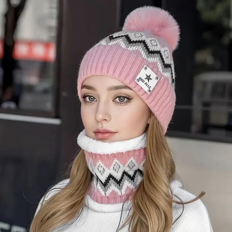 

2pcs/Set Fleece-Lined Neck Warmer and Hat Combo for Autumn/Winter Outdoor Cycling, Thick Ballknitted Beanie