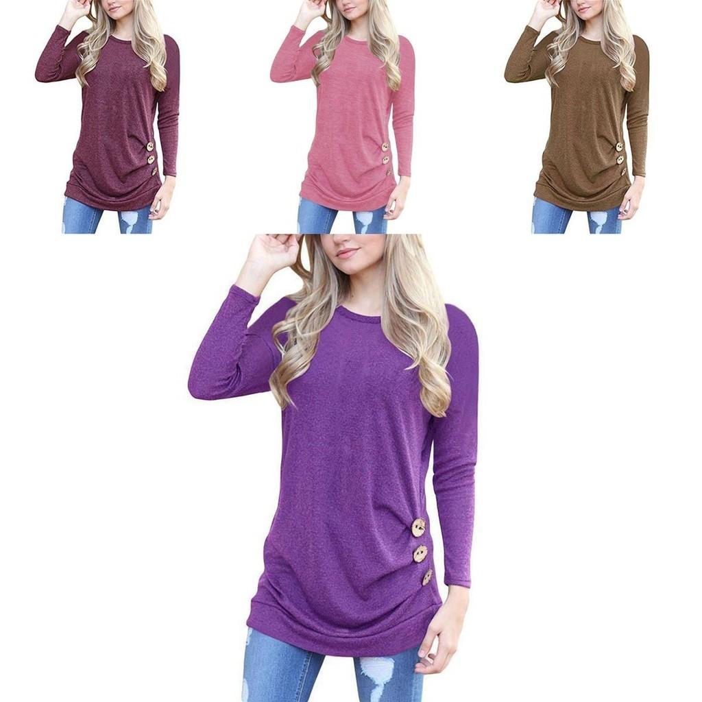 Fashion Women Long Sleeve Casual Blouse Stylish Tunic With Brown Button Accents