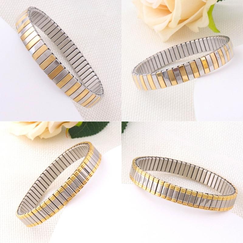 Jewelry Stainless Steel Stretch Bracelet for Women, Flexible Wide Wristband Bangle Bracelets Decorated Golden Pattern