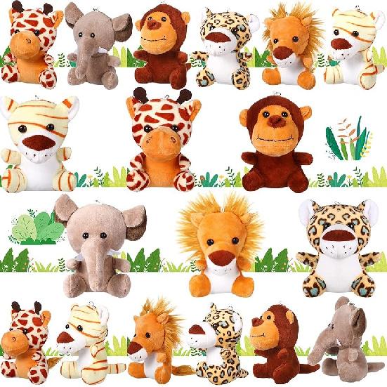 HyDren 18 Pcs Small Stuffed Animals Bulk Jungle Animal 4.8 Inch Safari Plush Lion Tiger Elephant Giraffe Leopard Monkey Figures for Valentines Day,