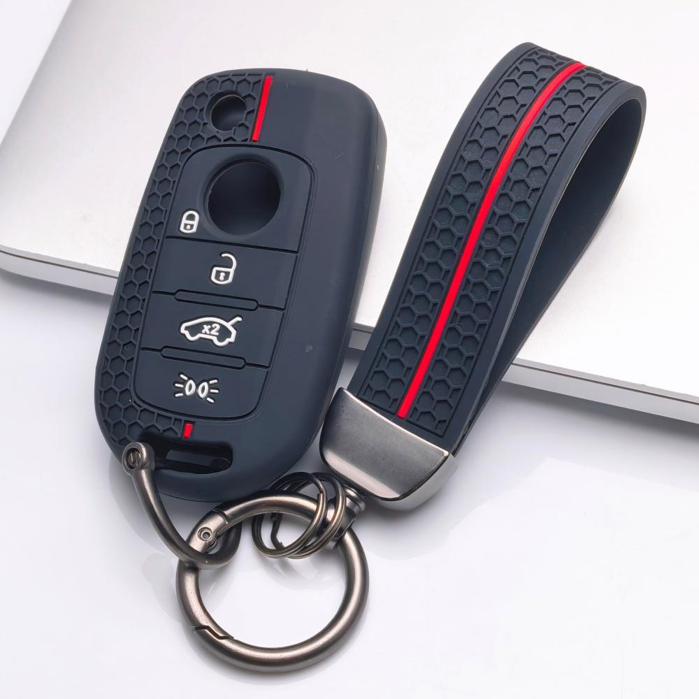 Silicone Key Fob Cover with keychain for 4-button Flip Remote, Anti-Scratch & Anti-Drop Protective Case for Jeep Renegade Compass for Fiat 500X Toro чёрный