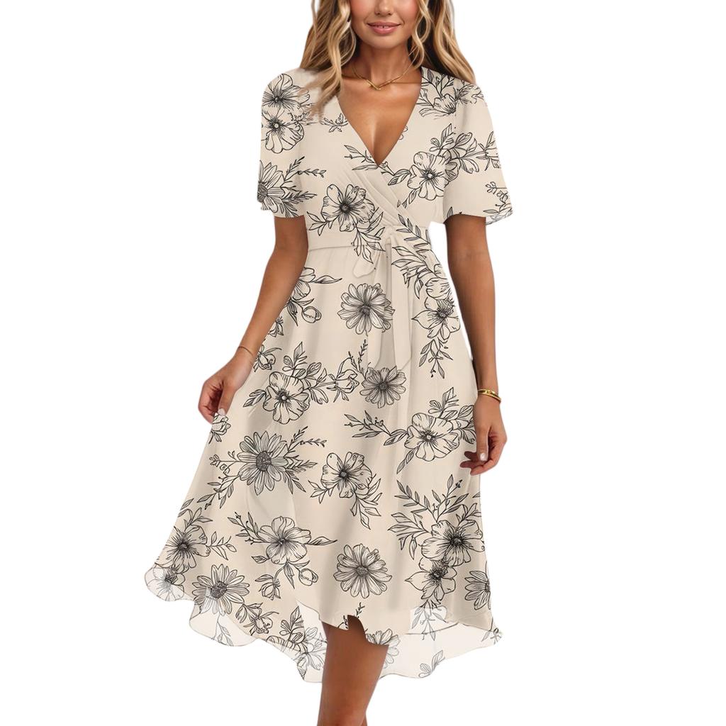 Women's Fashion Casual V Neck Short Sleeve Ruffled Vintage Printed Dresses