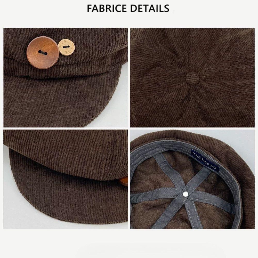 Double Button Corduroy Beret Newspaper Hat For Women Girls Autumn Winter Windproof Warm Octagonal Caps Casual Korean Painter Hat