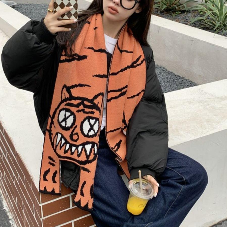 Koreanischer Wollstrickschal Niedlicher Katzenschal Pashmina Schal Damen Winterschal Warmer Foulard Schal für Damen