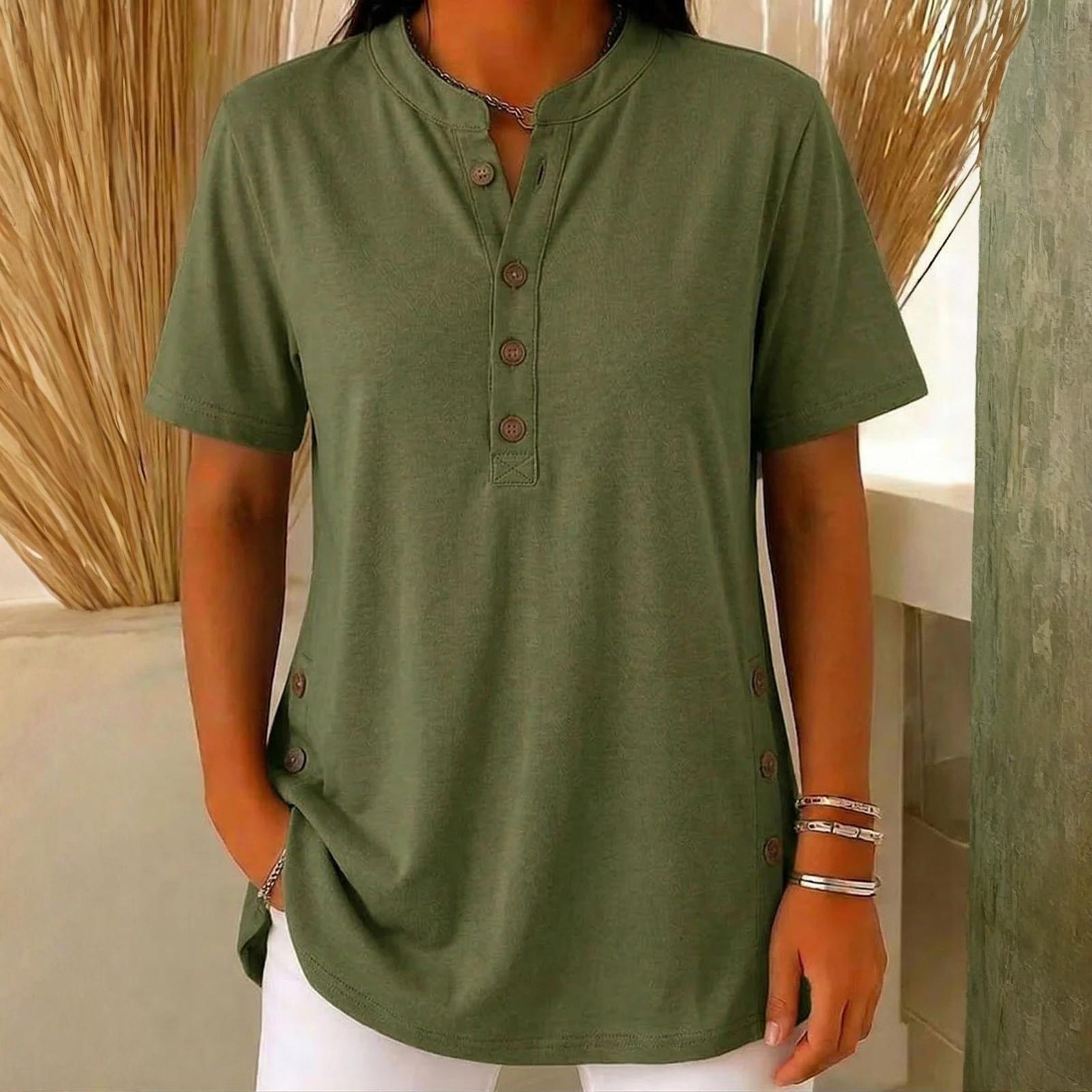 Women s Loose Casual V-Neck Button-Up Short-Sleeve T-Shirt L