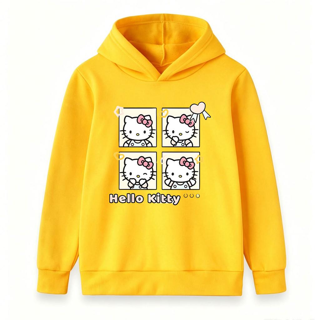Cute Cartoon Cat Print Kids Hooded Sweatshirt, Unisex Boys Girls Long Sleeve Casual Pullover Top, Soft Cozy Warm Loose Fit Children Daily Wear for