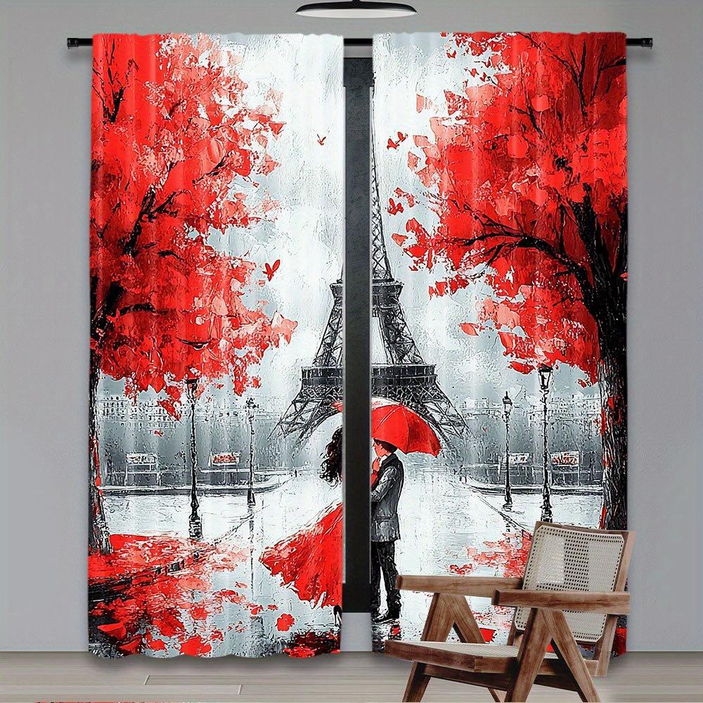 2pcs Pink Romantic Street Couple Printed Curtain,Vibrant Room Decor for Bedroom, Office, Kitchen, Living Room, Study Decor