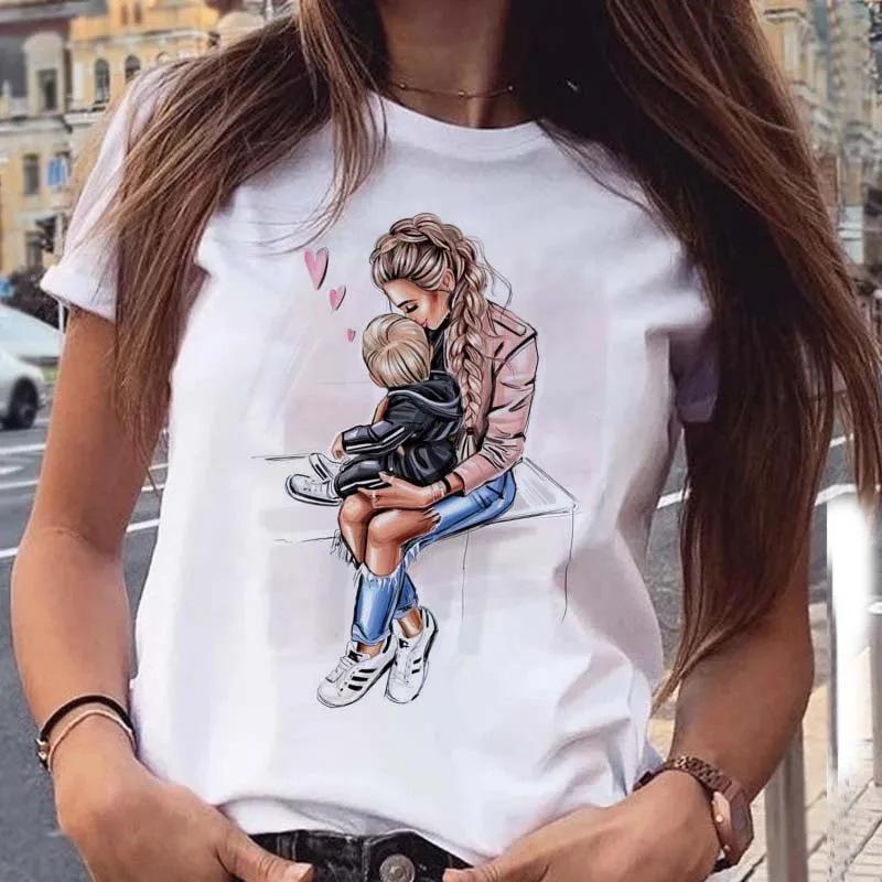 Women's T-Shirt Cartoon Mom and Son Shirt Fashion Printed Casual Women's T-Shirt Women's T-Shirt
