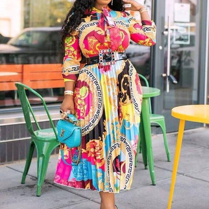 

2025 New Spring and Summer Dress African Style Printed Bow Collar Three-Quarter Sleeve Mid-Length Dress Plus Size Women s Clothing Printed S