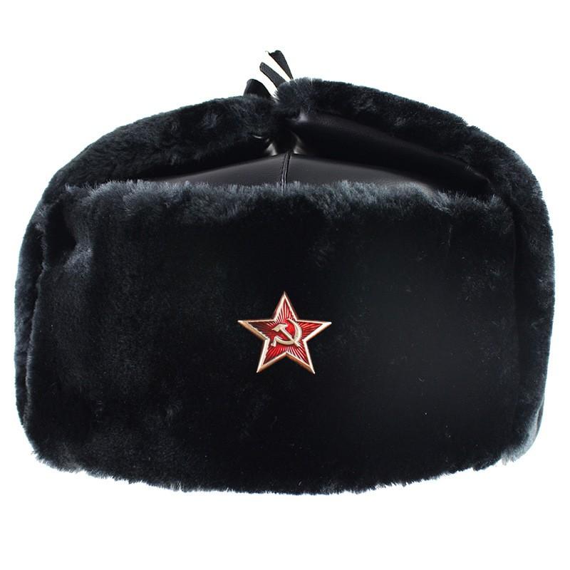 Winter Warm Faux Fur Trapper Hat With Soviet Emblem PU Leather Cap Men Women Skiing Snowboarding Cold Weather Protection