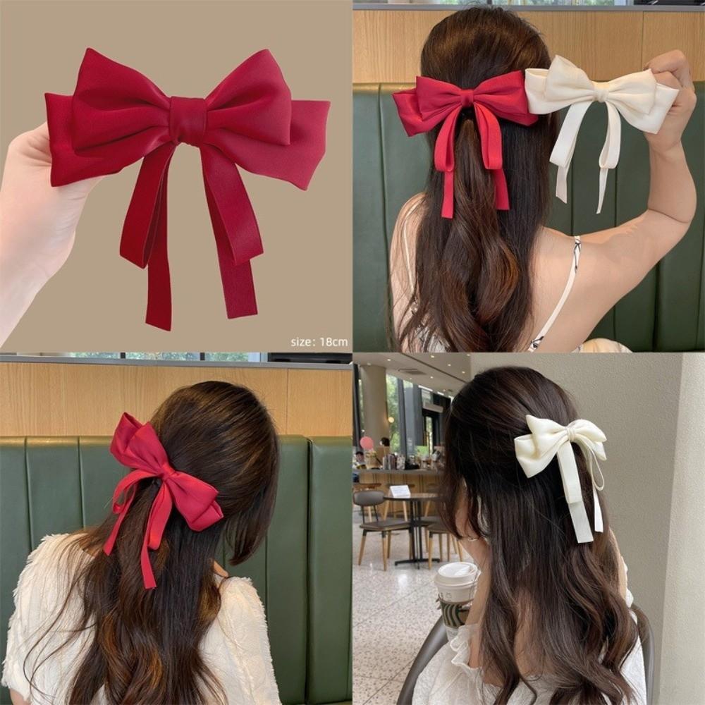 2pcs Long Tassel Ribbon Bow Headband Elegant Solid Color Girls Hair Accessories Double Layer Hairpin Hair Grips