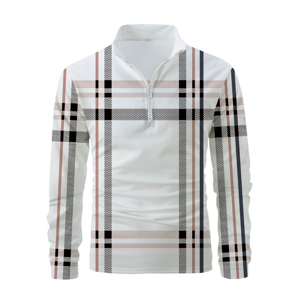 Modisches Herren Langarm Poloshirt mit Reißverschlusstasche Herren Gestreiftes Sweatshirt