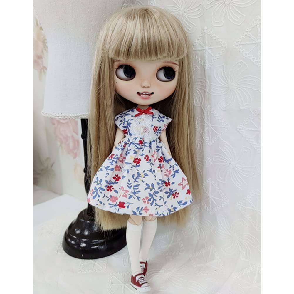 rakulifey Blythe Outfit, Floral Print, One-Piece Outfit for Blythe Dolls, Compatible with Licca-chan Dolls and Obitsu 24 Dolls (White Flowers)