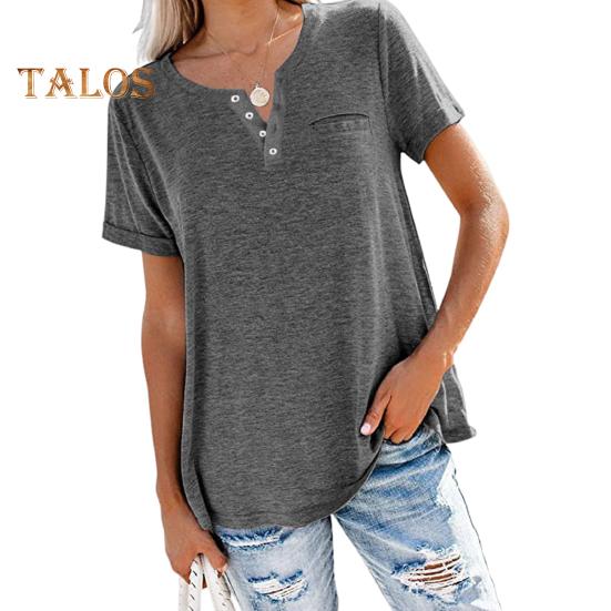 Damen Sommer T-Shirt V-Ausschnitt Kurzarm Knöpfe Ausschnitt T-Shirt Einfarbig Loose Fit Pullover Tops mit Tasche Streetwear