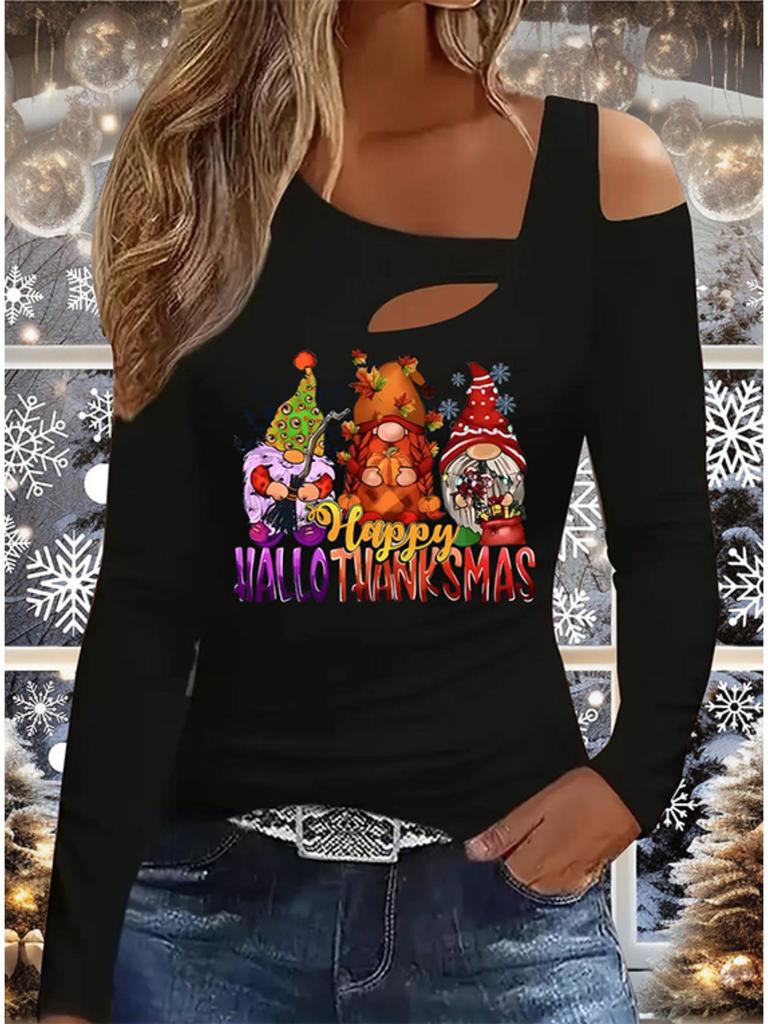 Autumn & Winter Women's New Casual Long Sleeve Top Christmas Pattern Ideal Halloween Christmas Gift T Shirt