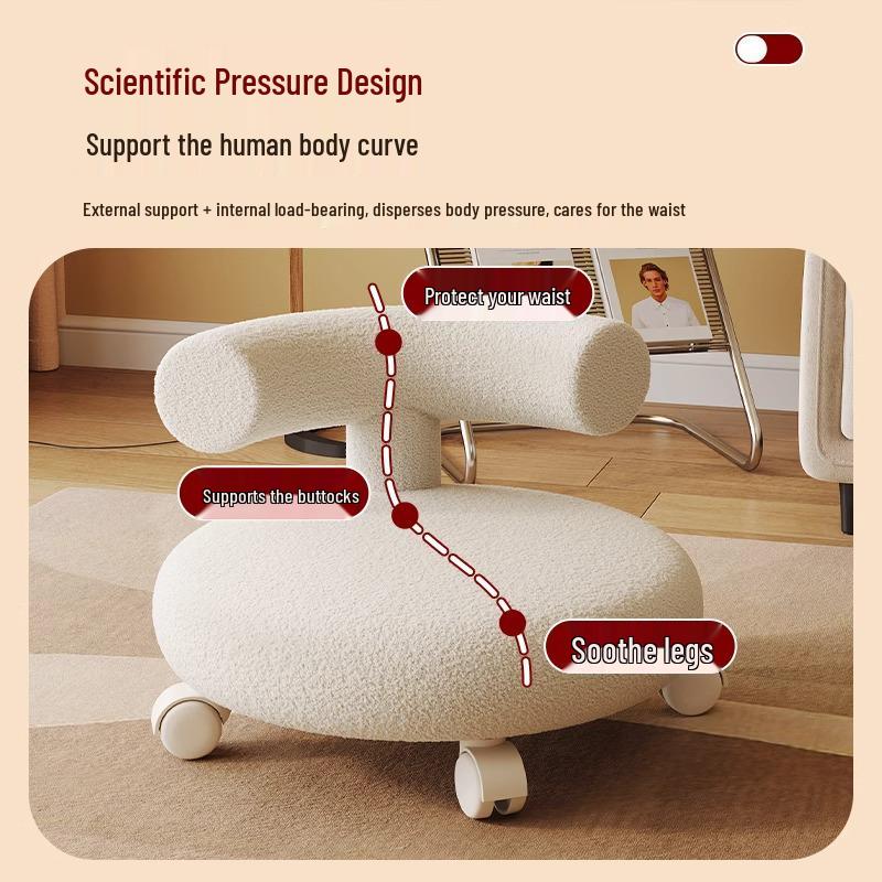 Cream Low Stool with Backrest and Universal Wheels - Ideal for Home, Grout, and Children's Use, Silent Sliding Design