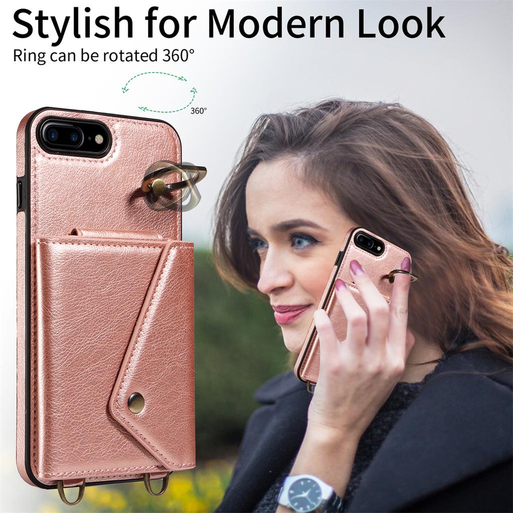 Per iPhone 6/6s/6Plus/7/8,7Plus/8Plus,iPhone SE (2020/2022) Tracolla Corda Anello Staffa Design Porta Carte Slot Copertura con Texture Litchi Custodia per Telefono