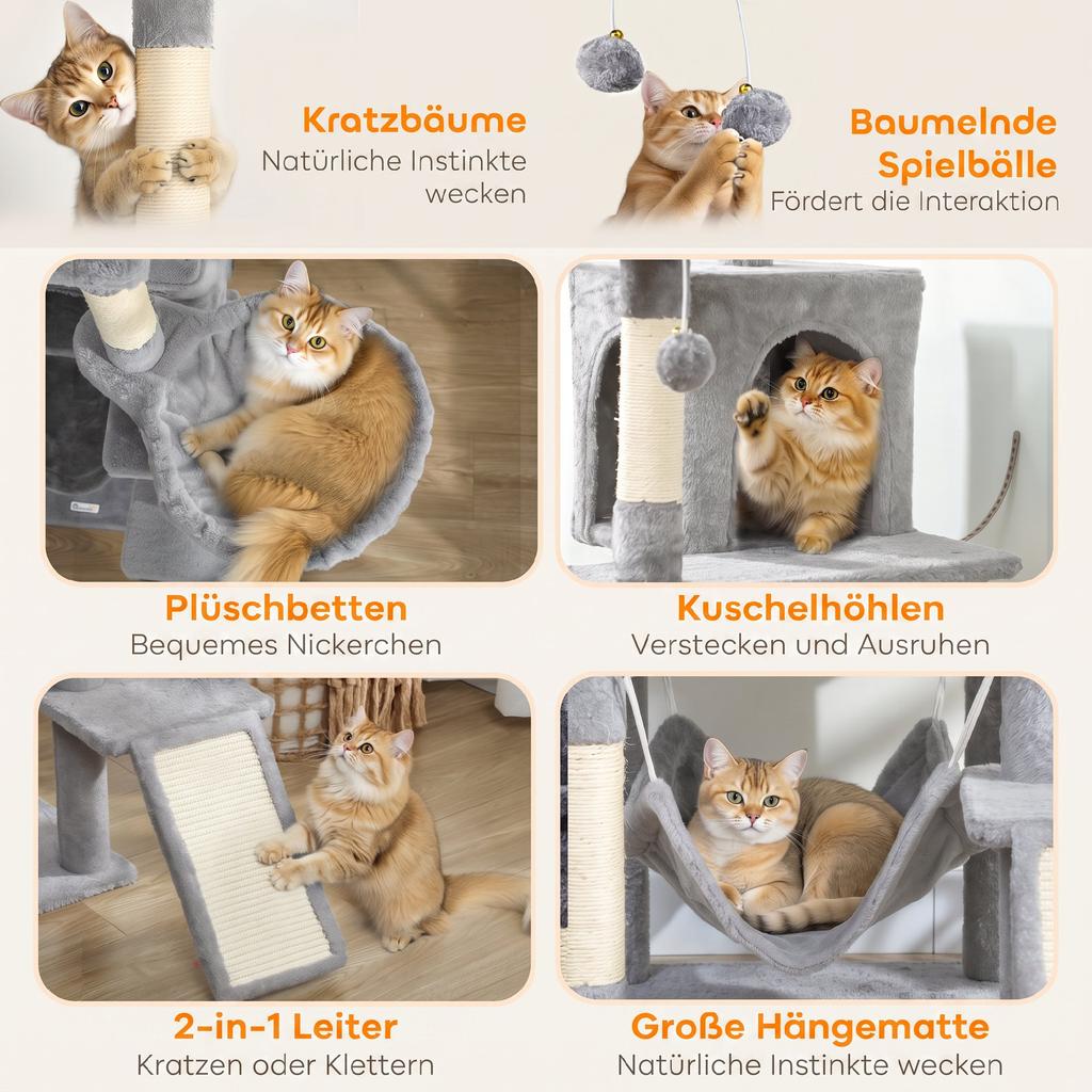Cat Tree, 192 Cm Large Multi-Level Cat Tower for Indoor Kittens with 8 Scratching Posts, 3 Plush Beds, 2 Hammocks