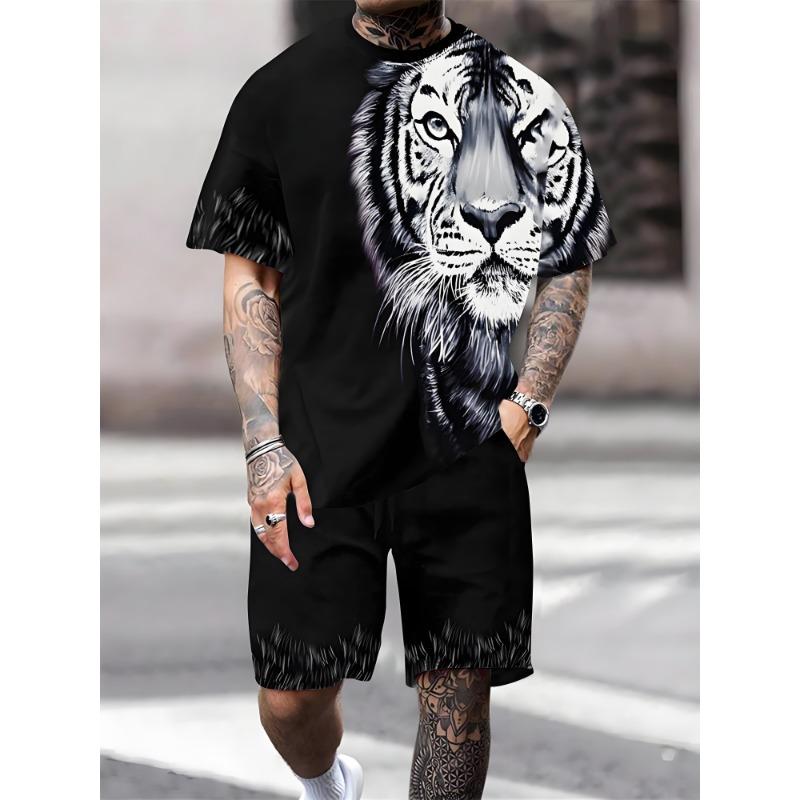 Modisches Löwen Tiger Tier Grafik T-Shirt Shorts Set Sommer Kurzarm Oberteil Kordelzug Shorts 2-teiliges Set Herren Sportbekleidung Anzug