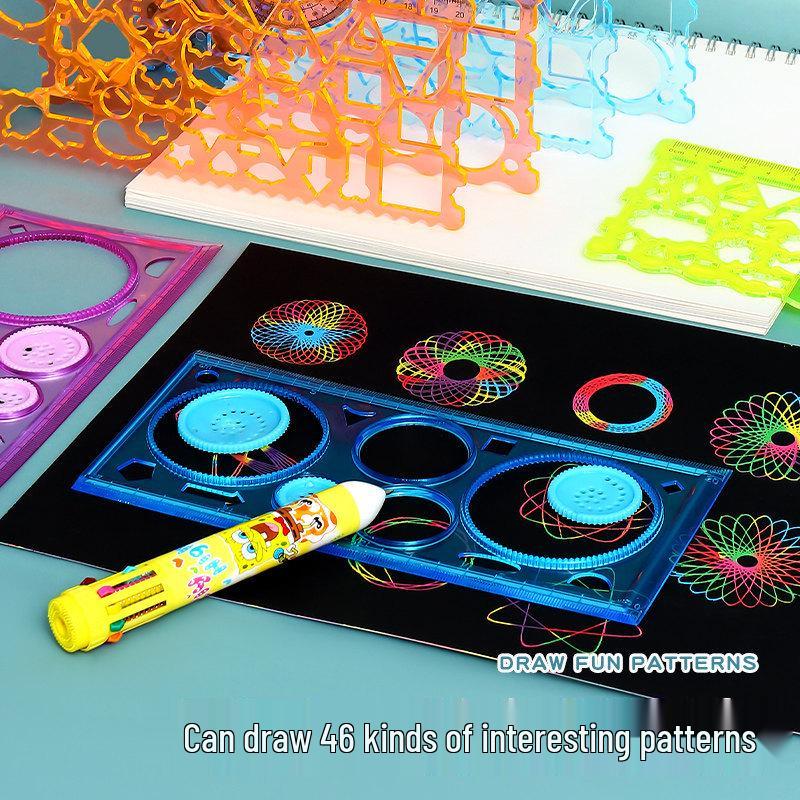 Multifunctional Kaleidoscope Ruler Set: Magic Hand-Painted, Thick Template, Straight Ruler, Protractor for Drawing and Painting