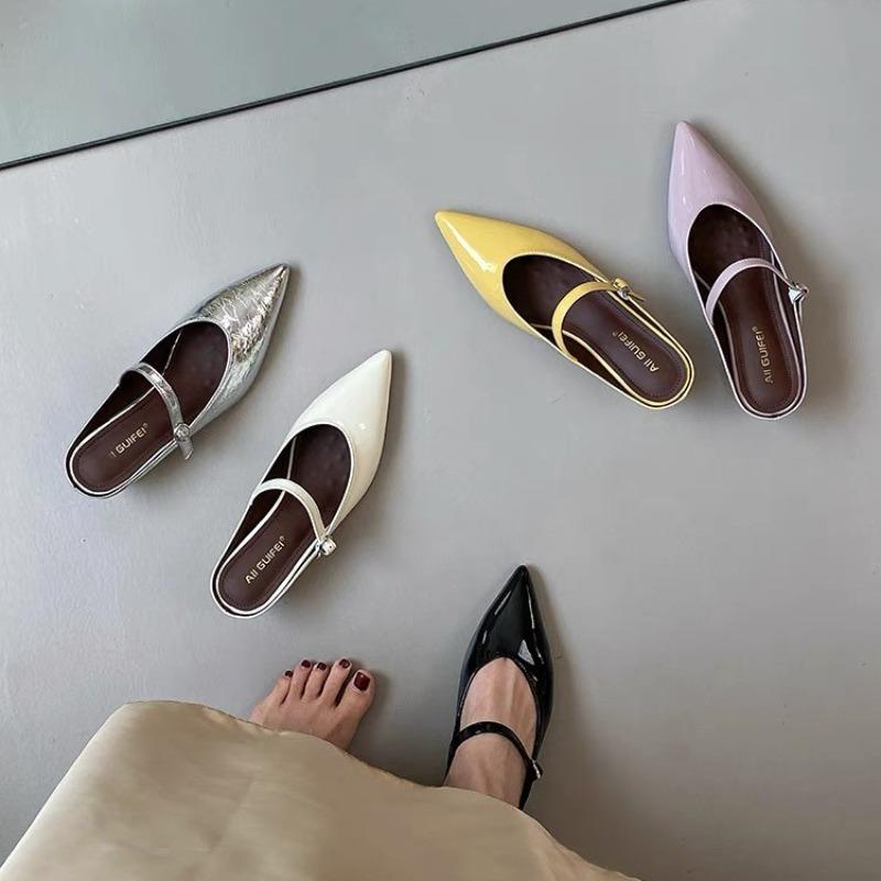 New Style Punk Gothic Metal Buckle Low Heels Sandals Women Pointed Toe Thick Heeled Summer Slippers Woman Platform Muller Shoes