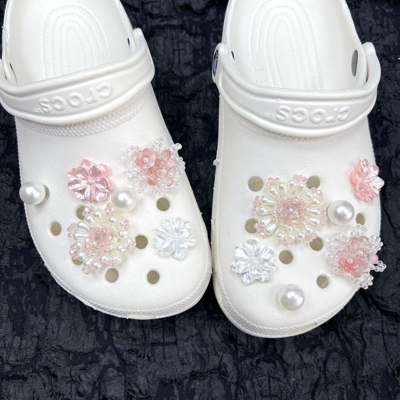 Pink, Pearl Flower Shoe Buckle, Hand Woven, Diy, Detachable Shoe Flowers, Perforated Shoe Accessories, Beautiful and Fashionable Pearls