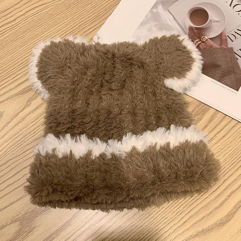 

Плюшевая шапка женская зимняя милая с медвежьими ушками полосатая контрастного цвета новая милая контрастного цвета вязаная шерстяная шапка Adjustable хаки