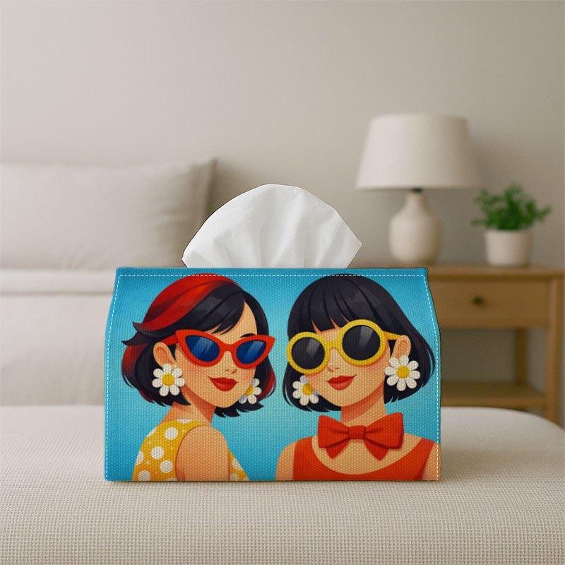 2D Flat 1pc Pop Art Portrait Design Tissue Box- Woman Fashion Glasses Flower Bright Color Illustration Pattern Tissue Box Holder, Multi-Functional Tis
