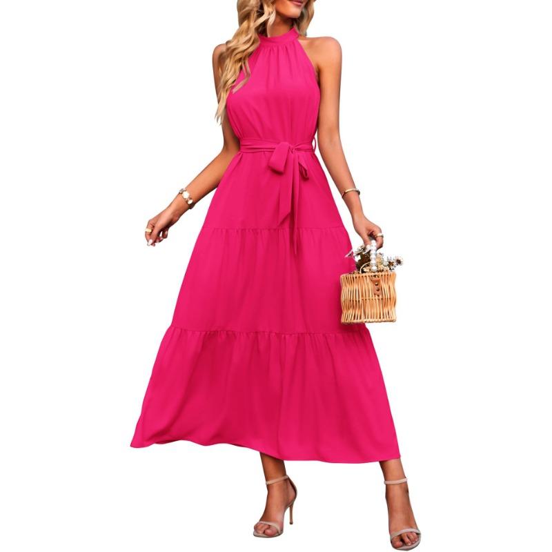 Fashion Sleeveless Summer Elegant Long Dress New Loose Casual Women Simple Office Solid Color A-line Party Dress Female Lace-up Holiday Women Clothing