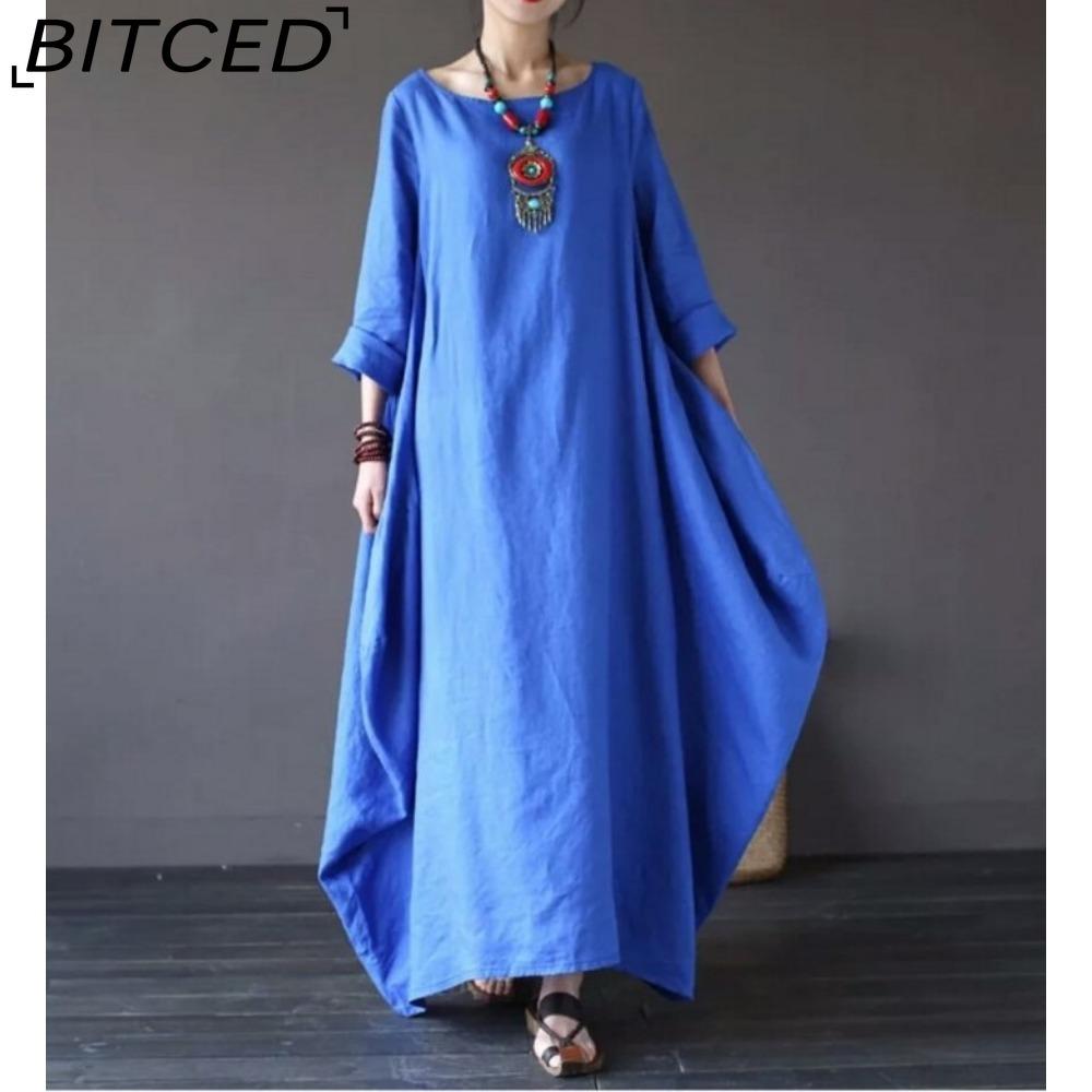 BITCED Women Long Loose Summer Casual Dress Linen Cotton Plus Size
