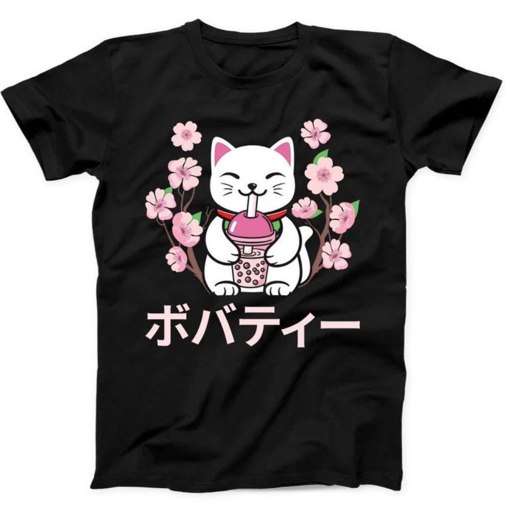 Maneki Neko Boba Bubble Tea Sakura Lucky Cat Funny Gift Tee Black T Shirt for Fitness Training Jogging Outdoor Activities