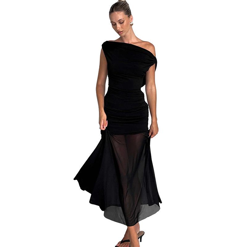 JY25022 Cowl Neck Backless Mesh Dress - European & American Style, Sexy Slim Fit, Long Spring 2025 Fashion