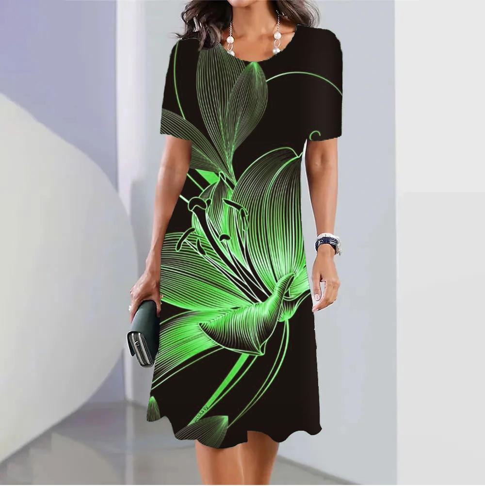 

Элегантные женские платья, женская одежда, свободный круглый вырез, пуловер, мятые цветы, короткие рукава, платье, длинное платье с 3D-принтом, новое 3XL