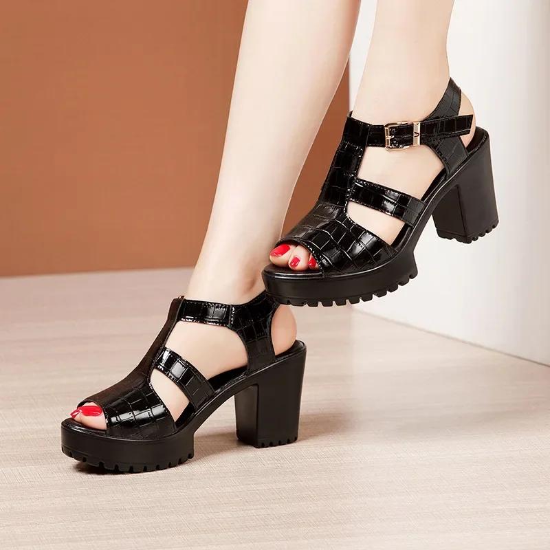 Beach Platform Sandals Patent Leather Shoes 2024 Summer Elegant Block High Heels Sandals Women for Office Mom