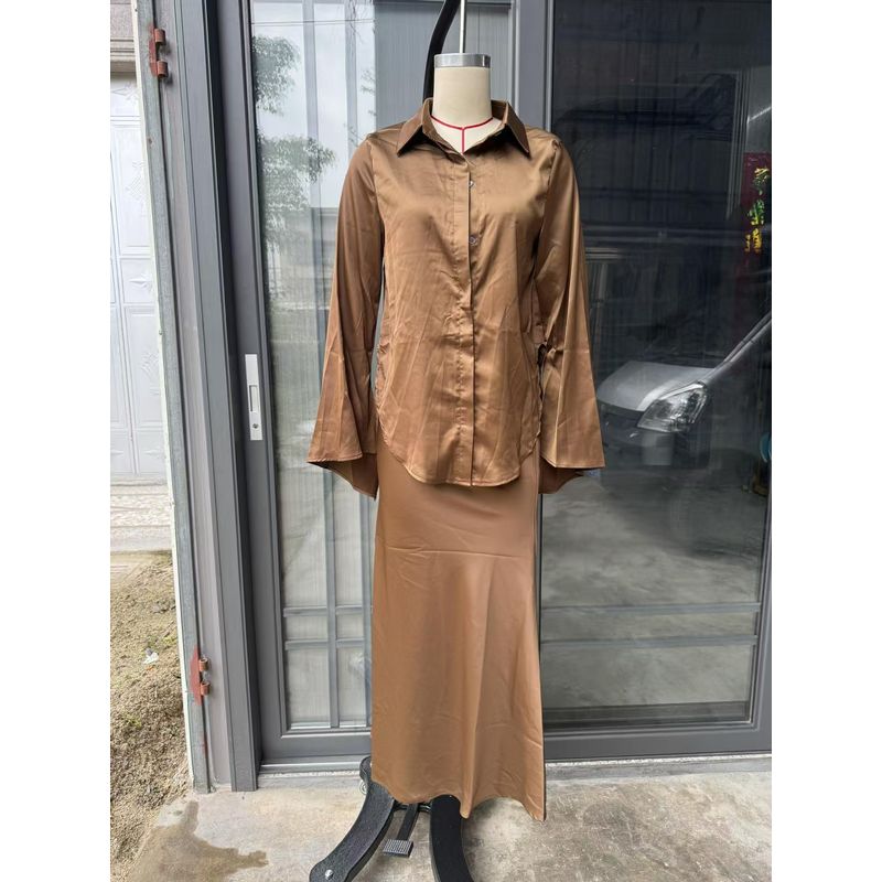

European and American New Fashion Polo Collar Satin Shirts Elegant Skirt sets Shirt and Skirt Set CHESTNUT L