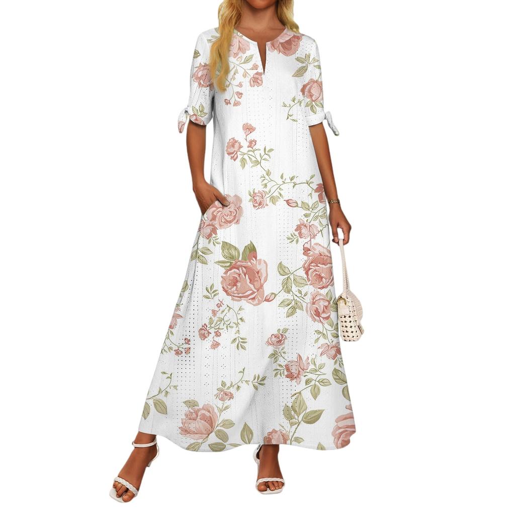 Ladies Casual Fashion Temperament Elegant Waist Patchwork Print Long Dress