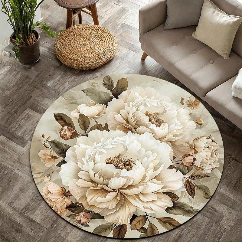 Elegant Peony Floral Round Rug Non-Slip Machine Washable Floor Mat 2D Flat Soft Area Rug for Living Room Bedroom Home Decor