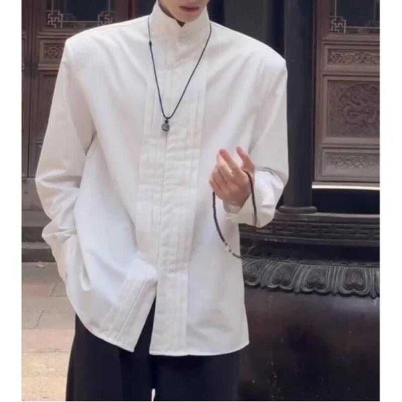 High End Sense Fashion Pleated Shoulder Pad Solid Color Versatile Top Trendy European American Style Suit Inner Wear Mens Shirt