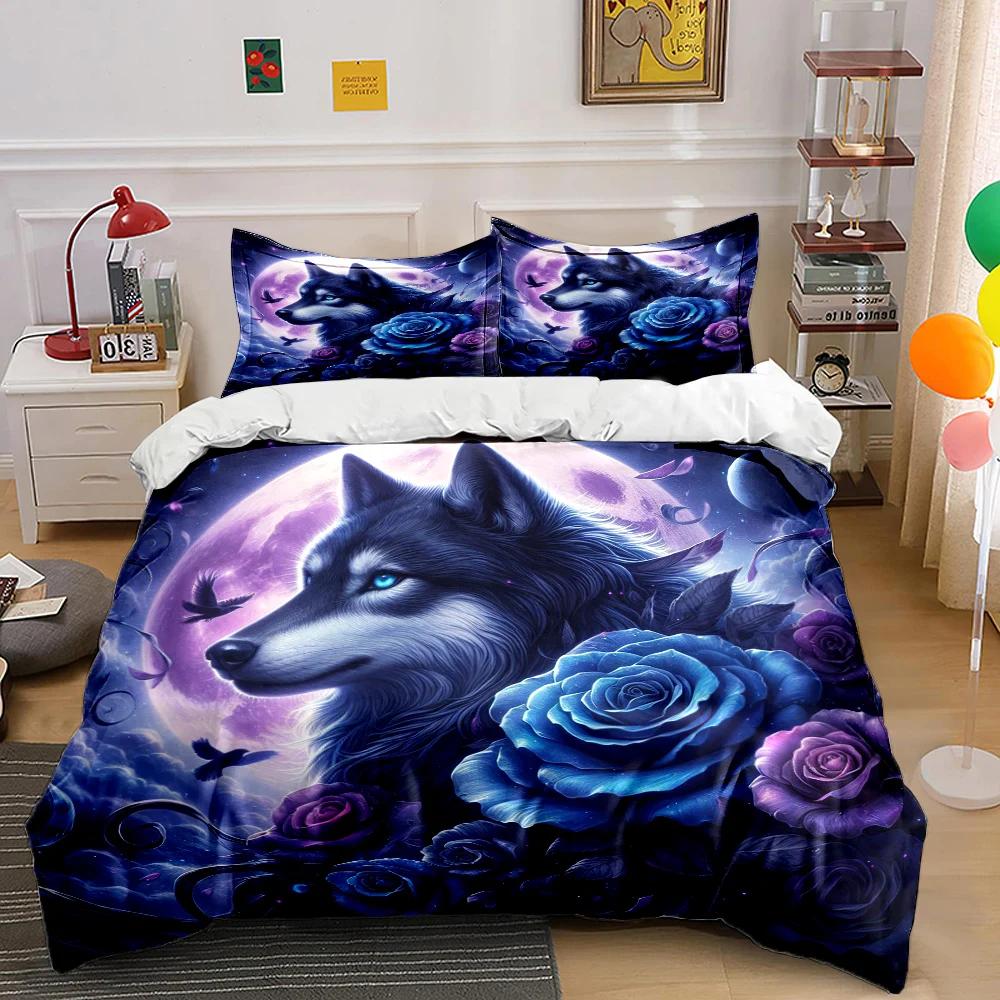 New Arrival! Wolf and Rose Print Bedding Set for Wolf Totem Lovers 1 Quilt Cover 2 Pillowcases Adult and Kids Bedding Set Gifts
