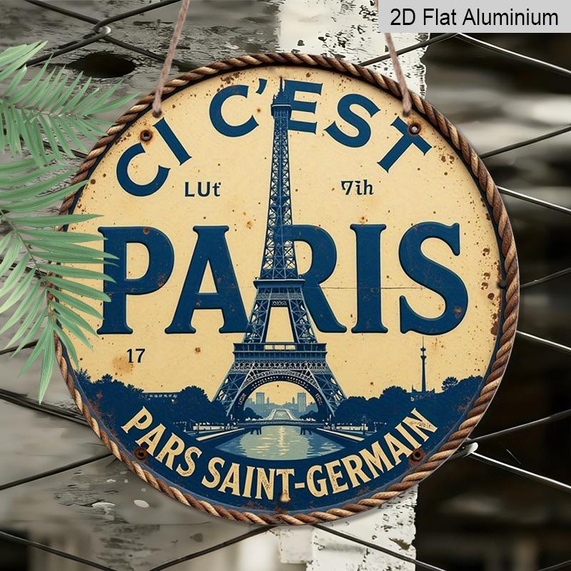 2D Flat, 1pc Vintage-Inspired Paris Eiffel Tower Art - Rustic Round Aluminum Sign with Inspirational Quote, Perfect for Living Room, Bedroom, or