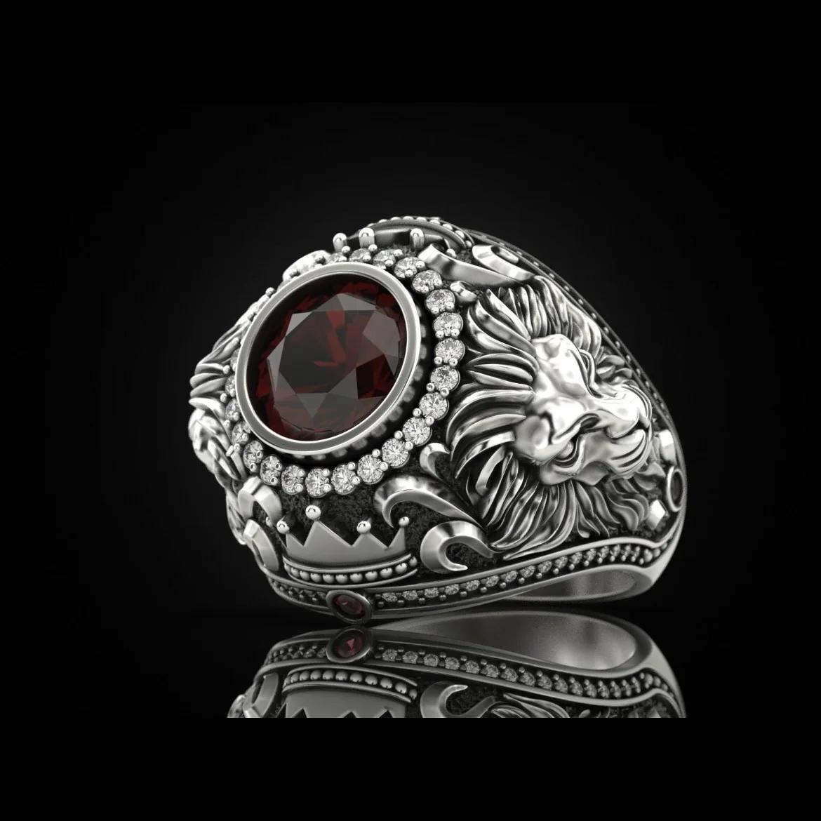New men s rings, atmospheric fashion retro men s rings, crown lion rings, trend 7 красный
