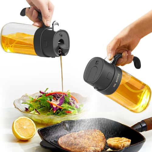 Unique 2-in-1 Design: Olive Oil Sprayer, One-Hand Operation, 550ml, for Oil, Soy Sauce, and Vinegar, Waterproof Glass Bottle for Easy Storage