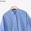 ZANZEA Women Casual Stand Collar Loose Long Sleeve Stripe Blouse